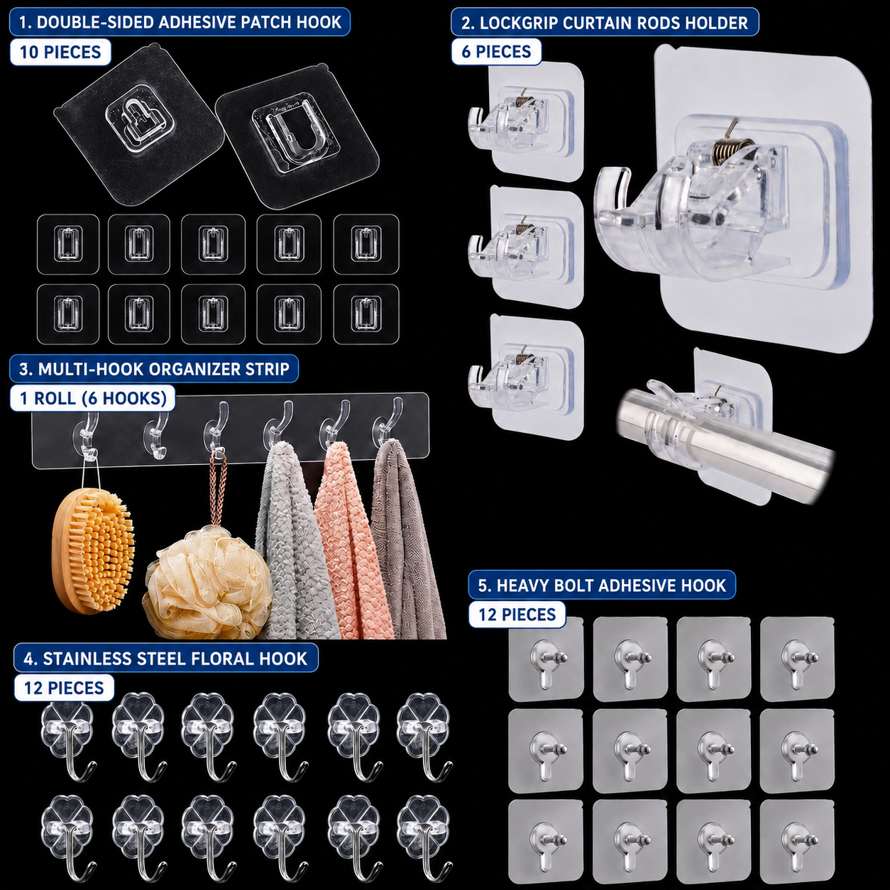 Ultimate 5-in-1 Adhesive Wall Hook Bundle